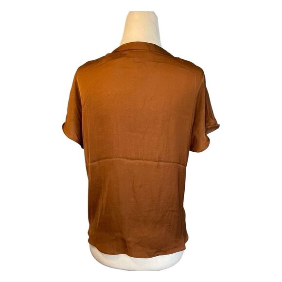 Madison d'Amelie Blouse Chocolate Brown Satin Notch Collar Short Sleeves XS - Picture 4 of 8
